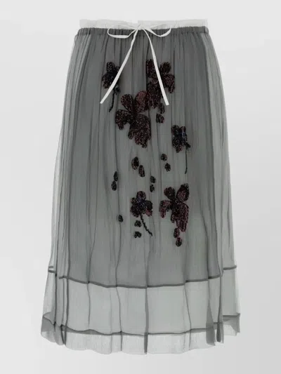 Prada Chiffon Midi Skirt Sheer Embroidered Overlay In Gray