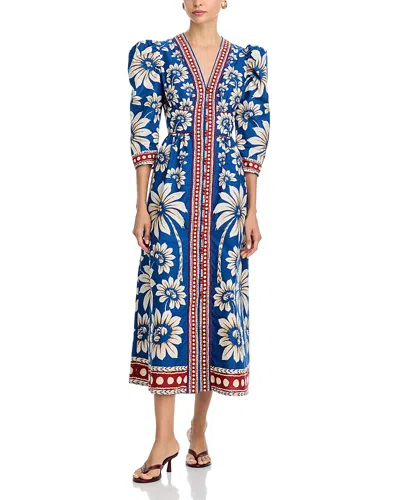 Farm Rio Luna Blue Long Dress With V Neck And All-over Floral Motif In Cotton Woman