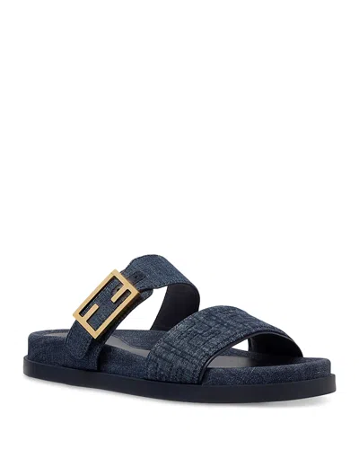 Fendi Double-band Embroidered Slides With Decorative Buckle In Multi