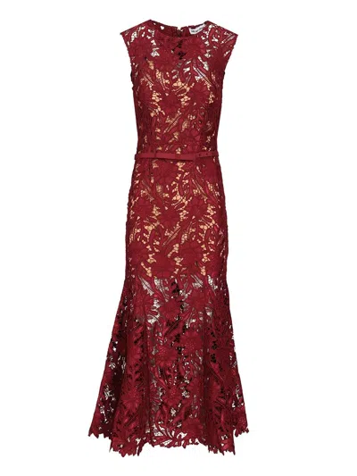 Self-portrait Fitted Guipure Lace Midi Dress With Removable Belt In Red