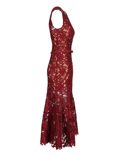Self-portrait Fitted Guipure Lace Midi Dress With Removable Belt In Red