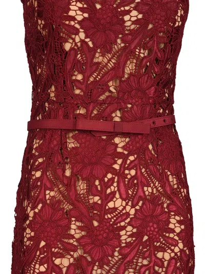 Self-portrait Fitted Guipure Lace Midi Dress With Removable Belt In Red