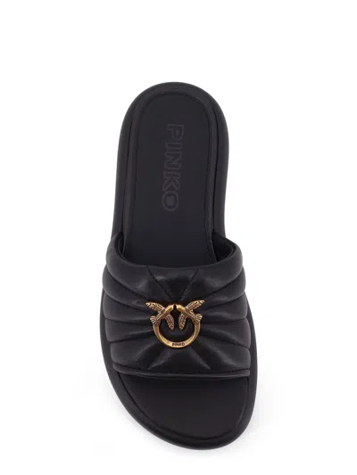 Pinko Fiona Black Slides With Chunky Design And Love Birds Logo Plaque In Leather Woman