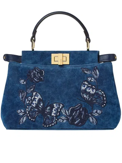 Fendi Peekaboo Mini Denim Crossbody Bag With Night Butterfly Embroidery In Blue