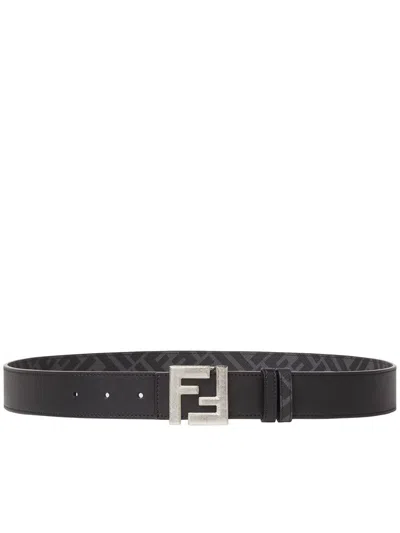 Fendi Black Leather And Ff Canvas Reversible Belt In Black