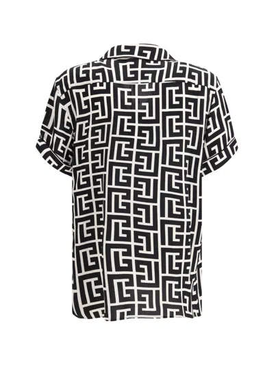 Balmain Monogram Printed Short-sleeved Shirt In Black