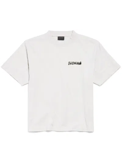 Balenciaga Womens Dirty White Logo-print Relaxed-fit Cotton T-shirt In White