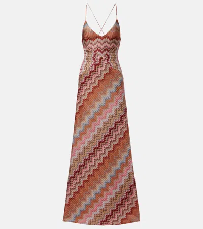Missoni Multicolor Long Dress With Crossed Shoulder Straps And All-over Zigzag Motif In Viscose Woman In Brown