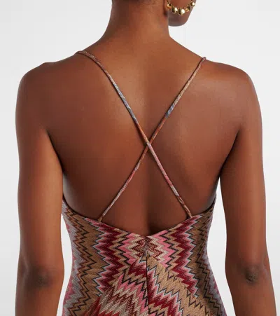 Missoni Multicolor Long Dress With Crossed Shoulder Straps And All-over Zigzag Motif In Viscose Woman In Brown