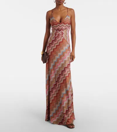 Missoni Multicolor Long Dress With Crossed Shoulder Straps And All-over Zigzag Motif In Viscose Woman In Brown