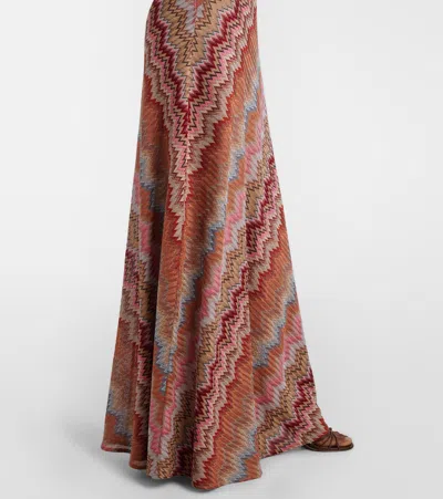 Missoni Multicolor Long Dress With Crossed Shoulder Straps And All-over Zigzag Motif In Viscose Woman In Brown