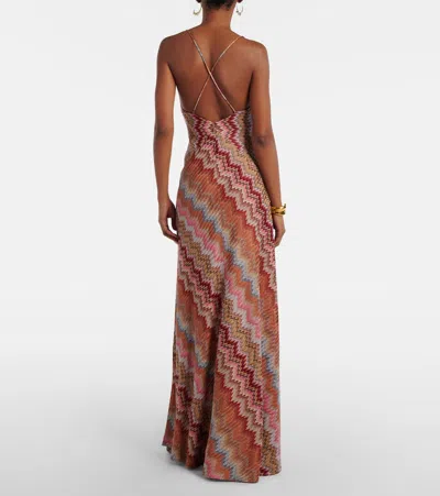 Missoni Multicolor Long Dress With Crossed Shoulder Straps And All-over Zigzag Motif In Viscose Woman In Brown