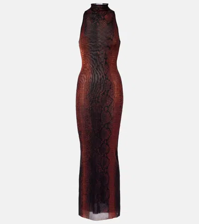 Jean Paul Gaultier High-neck Midi Dress With Snake Print In Silk And Nylon In Brown