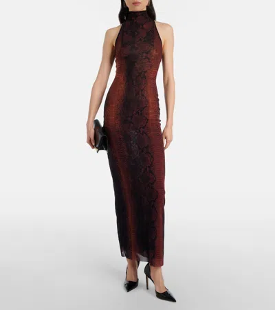 Jean Paul Gaultier High-neck Midi Dress With Snake Print In Silk And Nylon In Brown