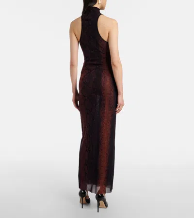 Jean Paul Gaultier High-neck Midi Dress With Snake Print In Silk And Nylon In Brown