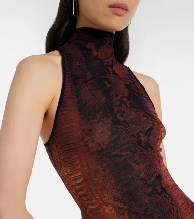 Jean Paul Gaultier High-neck Midi Dress With Snake Print In Silk And Nylon In Brown