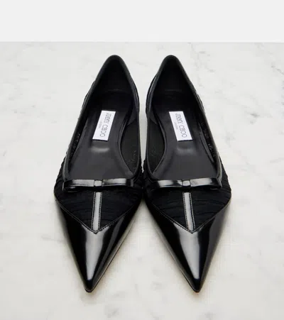 Jimmy Choo Love Leather-trimmed Mesh Ballet Flats In Black