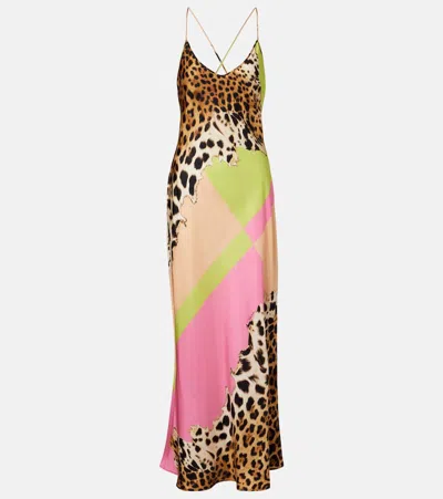 Roberto Cavalli Colorblock Jaguar-print Silk Maxi Slip Dress In Multi