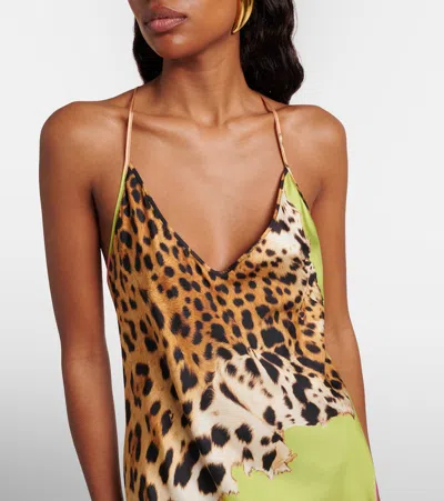 Roberto Cavalli Colorblock Jaguar-print Silk Maxi Slip Dress In Multi