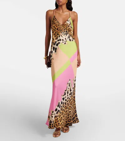 Roberto Cavalli Colorblock Jaguar-print Silk Maxi Slip Dress In Multi