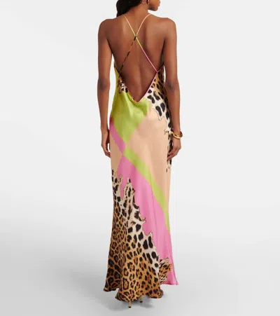 Roberto Cavalli Colorblock Jaguar-print Silk Maxi Slip Dress In Multi