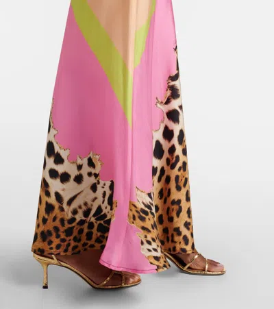 Roberto Cavalli Colorblock Jaguar-print Silk Maxi Slip Dress In Multi