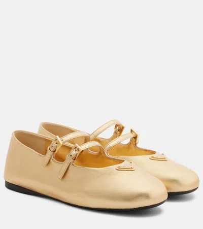 Prada Metallic Leather Mary Jane Flats In Gold | ModeSens