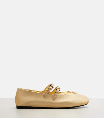 Prada Metallic Leather Mary Jane Flats In Gold | ModeSens