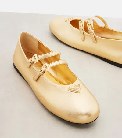 Prada Metallic Leather Mary Jane Flats In Gold | ModeSens