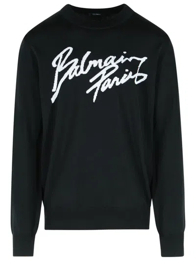 Balmain Paris Logo Intarsia Merino Wool Blend Sweater In Green