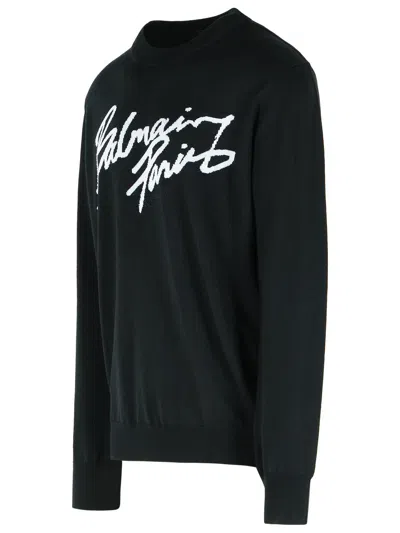 Balmain Paris Logo Intarsia Merino Wool Blend Sweater In Green