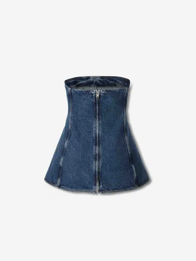 Agolde Lara Strapless Corset Peplum Denim Top In Blue