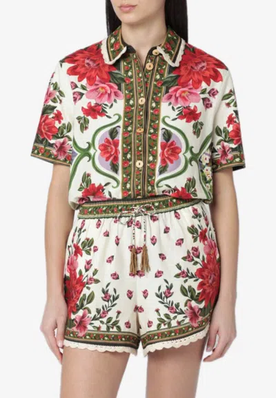 Farm Rio Wonder Multicolor Shirt With Lace Embroidered Classic Collar And All-over Floral Motif In Linen Blen