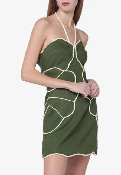 Farm Rio Green Wavy Trim Halter Neck Lenzing Ecovero Euroflax Mini Dress
