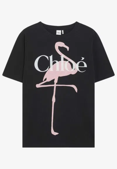 Chloé Women Black Crewneck T-shirt With Maxi Logo Print On The Front In Cotton Woman