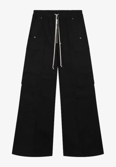 Rick Owens Heizer Belas Wide-leg Cotton-blend Poplin Drawstring Cargo Trousers In Black