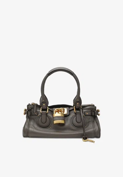 Chloé Paddington Black Shoulder Bag With Oversized Padlock And C-shaped Buckles In Grainy Leather Woman In Gray