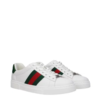 Gucci Ace Leather Sneakers With Lateral Web Band In White