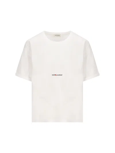 Saint Laurent Women Basic White T-shirt With Miiddle Logo Print In Cotton Woman In White