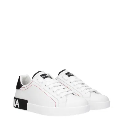 Dolce & Gabbana Portofino White Low Top Sneakers With Patch Logo And Red Stitching In Smooth Leather Man