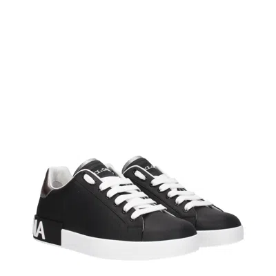 Dolce & Gabbana Portofino Sneakers In Black Leather With Silver Inserts Dolce E Gabbana