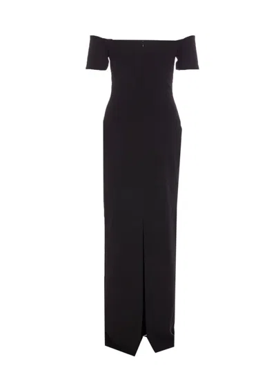 Solace London Nile Black Long Dress With Off-the-shoulder Design And Back Slit In Fabric Woman In Black