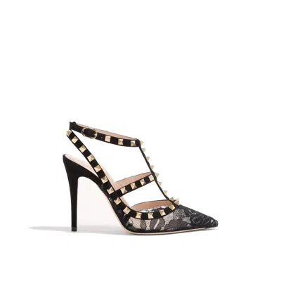 Valentino Garavani Valentino Rockstud 100 Lace And Suede Pumps In Black