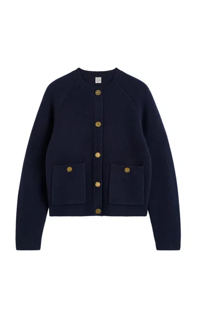 Totême Womens Navy Hammered Round-neck Stretch-wool Blend Cardigan Xs In Black