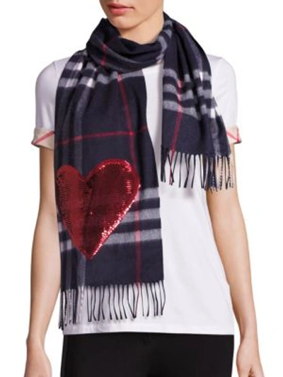 Burberry Sequined Heart Giant Check Cashmere Scarf In Na