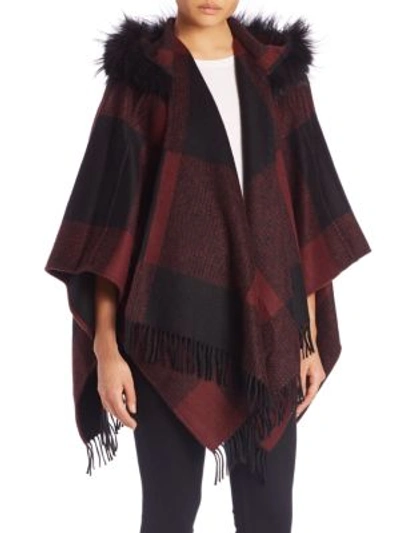 Burberry Buffalo Check Hooded Wool, Cashmere Fox Fur Poncho
