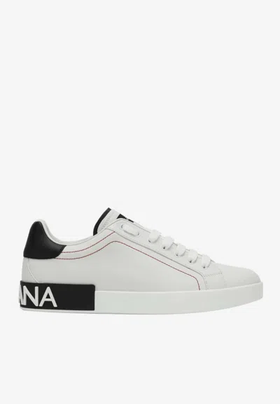 Dolce & Gabbana Portofino White Low Top Sneakers With Patch Logo And Red Stitching In Smooth Leather Man