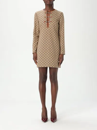 Gucci Beige Crewneck Mini Dress With Horsebit On The Front In Gg Canvas Woman In Brown