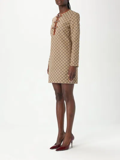 Gucci Beige Crewneck Mini Dress With Horsebit On The Front In Gg Canvas Woman In Brown