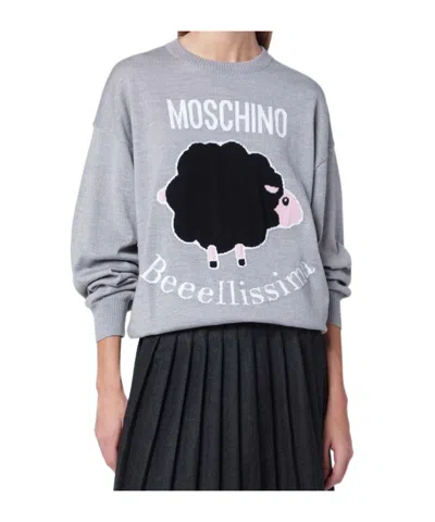 Moschino Grey Wool Sweater With Intarsia Logo In Gray